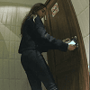 woman locking toilet door